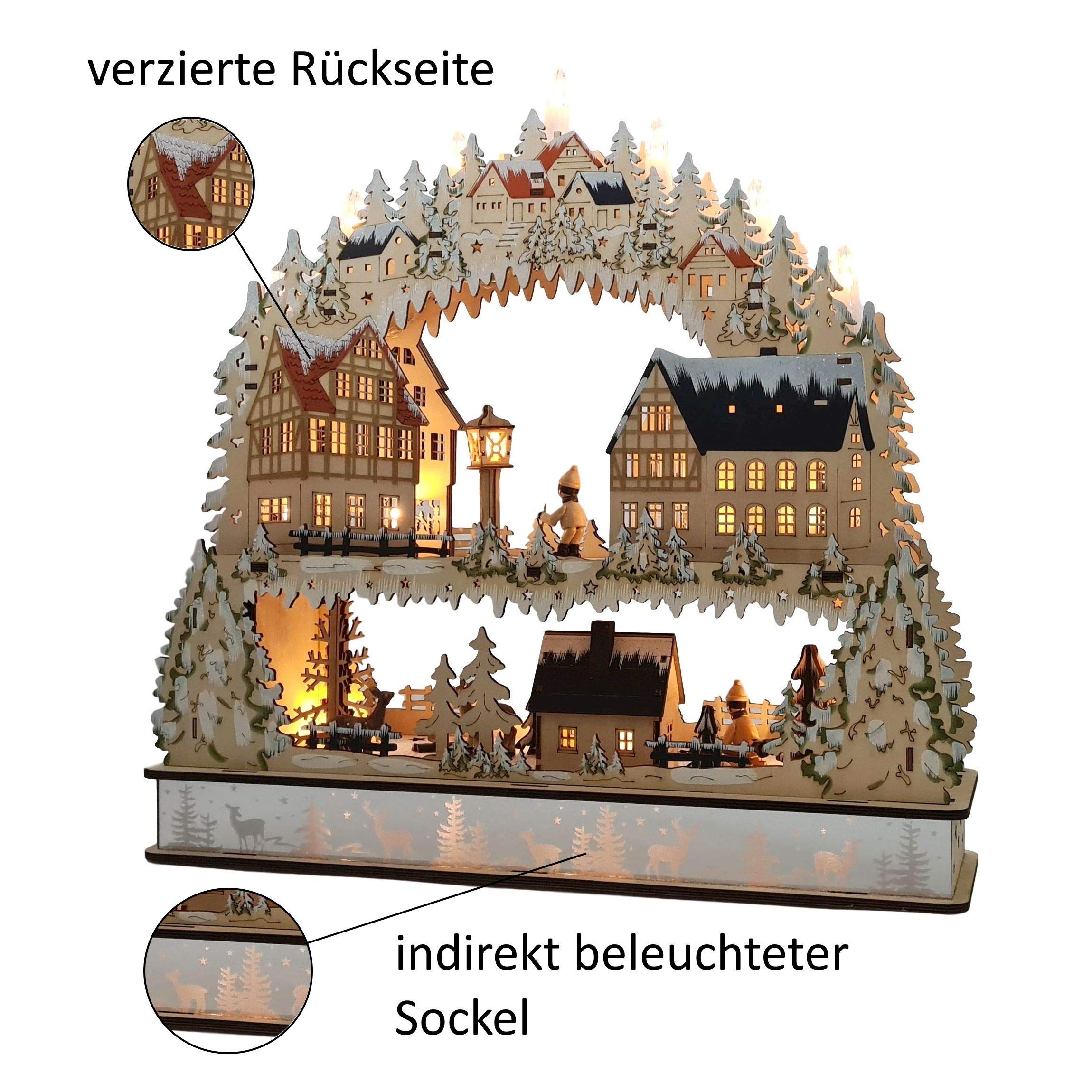 Wichtelstube-Kollektion XXL Schwibbogen mit Podest + LED Beleuchtung, Lichterbogen mit Erhöhung, Schwippbogen beidseitig bemalt, Weihnachtsdeko innen Weihnachtsdeko Fenster aus Holz