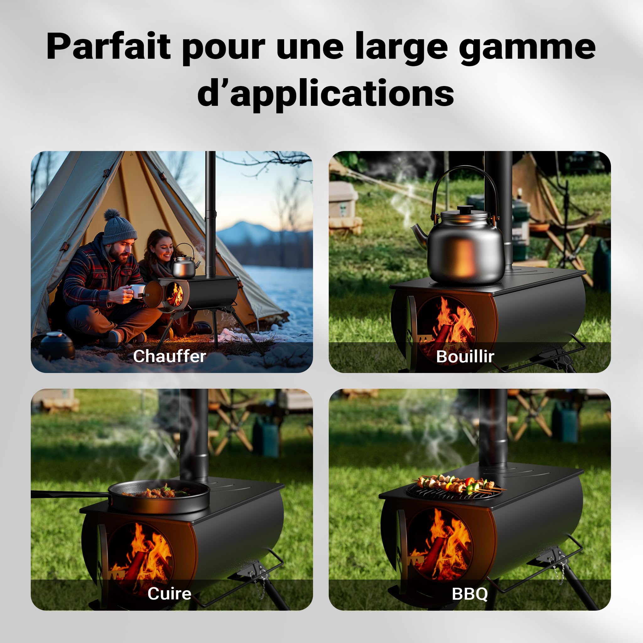 Wiltec Poêle pour tente de camping – 540 x 810 x 2387 mm – Acier doux – Poêle à bois portable et démontable pour randonnée, déplacement, aventures, chauffage