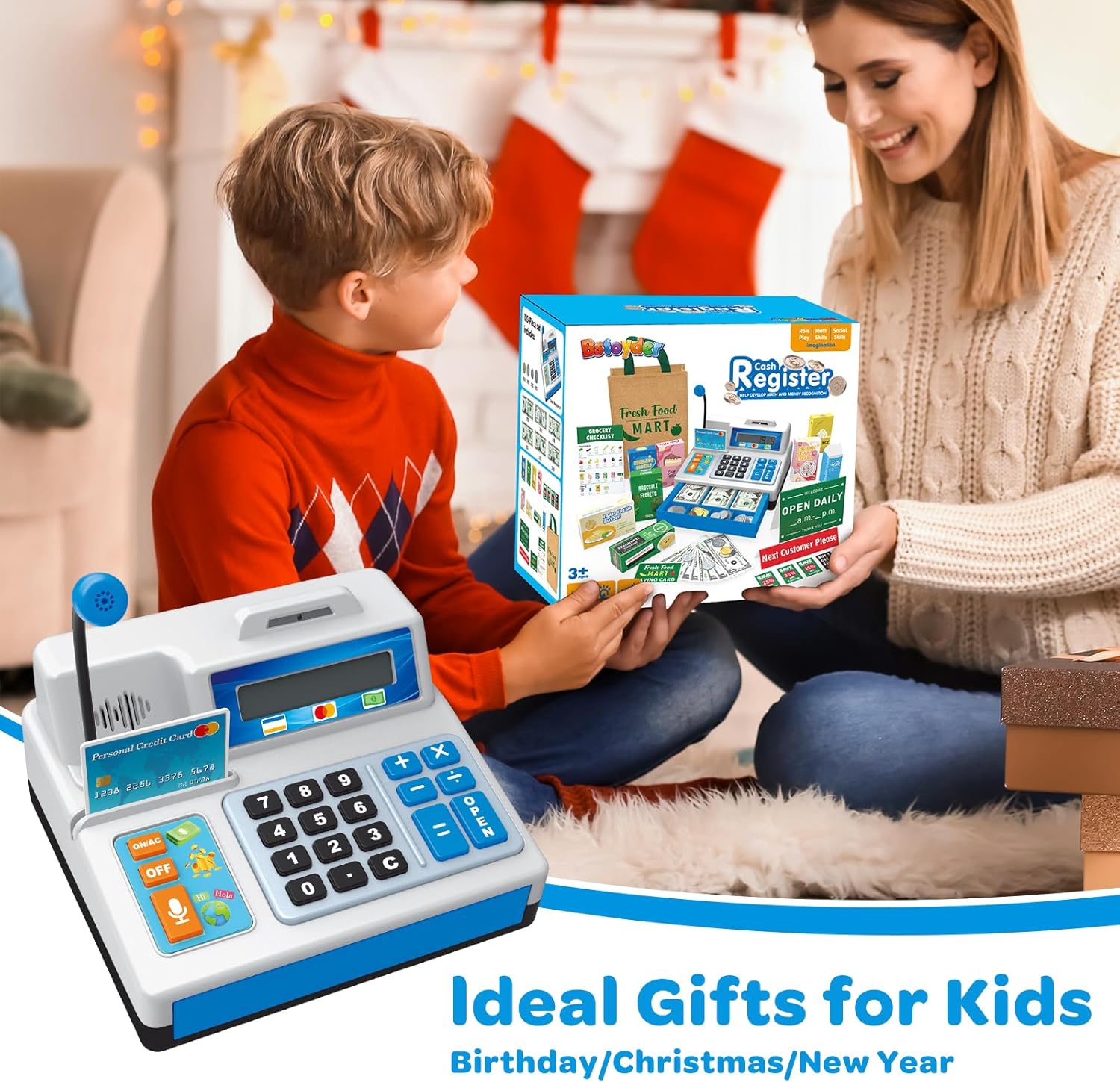 Cash Register Toy for Kids, 120 Pcs Grocery Store Playset with Credit Card, Grocery Boxes, Microphone, Calculator Cash Register Toy Gift for Toddlers, Grey