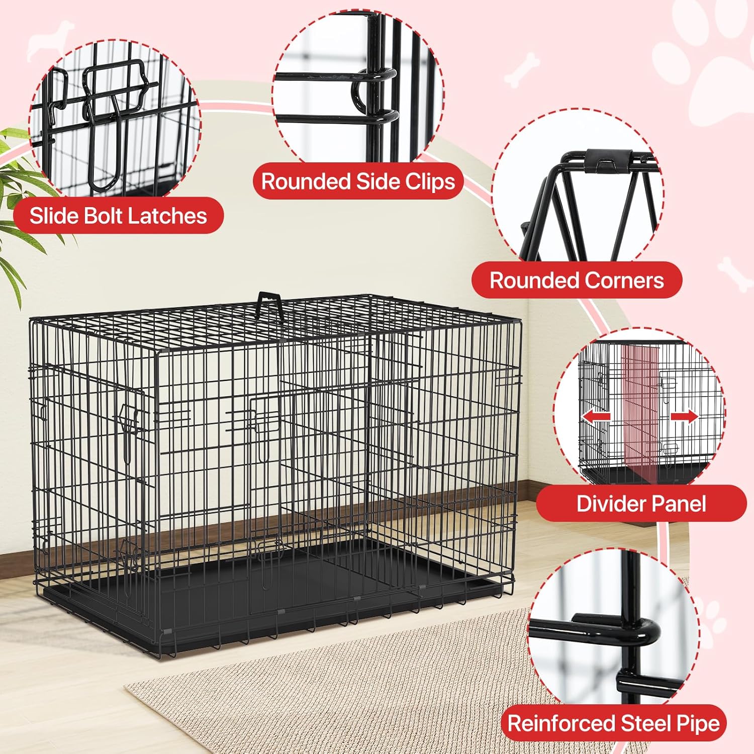 42 Inch Dog Crate Dog Cage with Double Door & Carrying Handle - Large Metal Dog Crates Dog Kennel with ABS Tray for Large Dog, Foldable & Portable Perfect for Indoor & Outdoor, Black