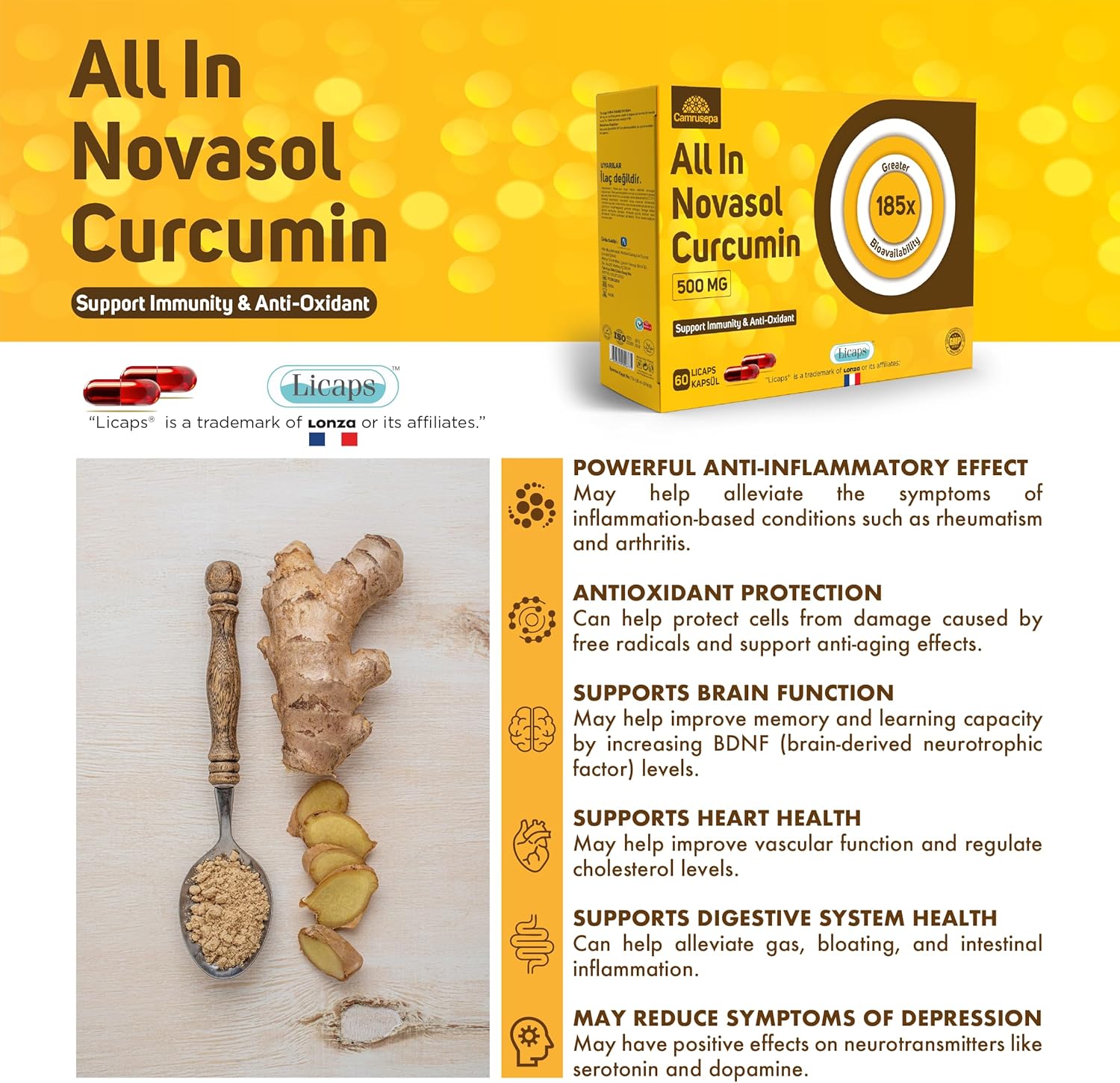 All in Novasol Curcumin Herbal Supplement – Advanced Curcumin Formula, Enhanced Absorption Licaps Capsules, Supports Antioxidant, Immune & Cellular Health | 60 Capsules