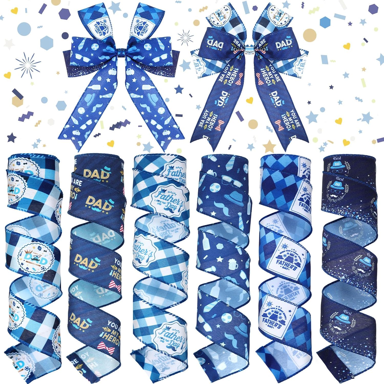6 Rolls 30 Yards Father's Day Wired Edge Ribbon Blue Tie Hat Patterned Ribbon Rustic You are My Hero Craft Wrapping for Father's Day Wedding Anniversary Birthday Wreath Floral Bows