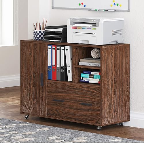 Spirich Archivador lateral de oficina con ruedas archivador lateral móvil de madera con cajón de archivo y puerta soporte de impresora con estantes