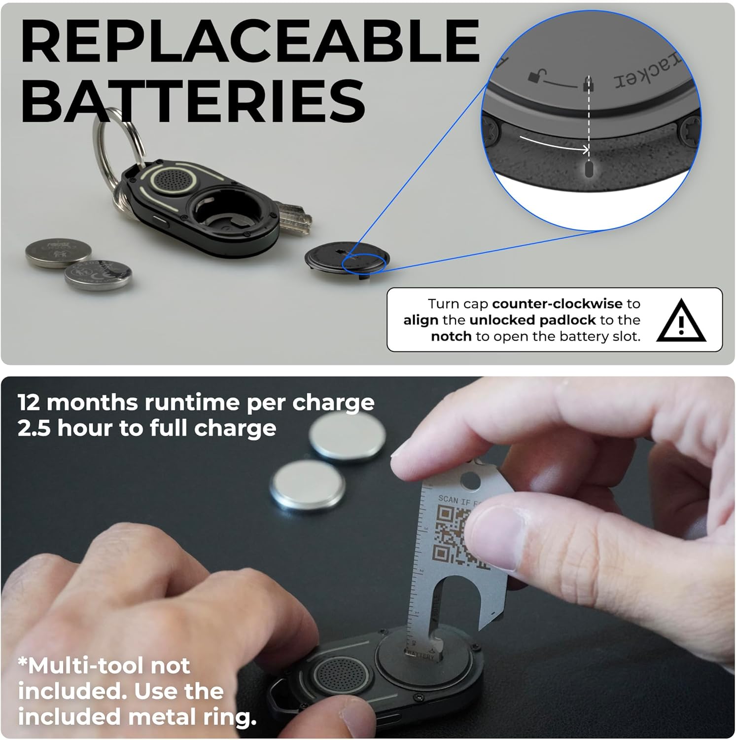 Rolling Square AirNotch Pro – Apple Find My Only - Bluetooth Tracker Keychain (2 Pack), Replaceable Batteries, Loud 360° Sound, Anti-Loss Locator, Glow-in-The-Dark, Waterproof, Black