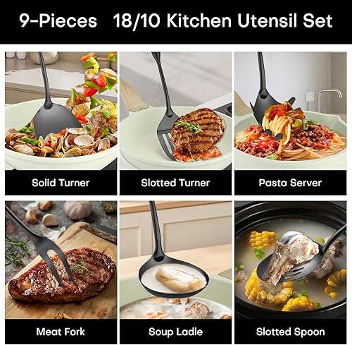 Miniatura 4 de Lazycorner Juego de utensilios de cocina de 9 piezas de acero inoxidable 304 con acabado espejo pulido, cucharas para cocinar, cuchara ranurada,