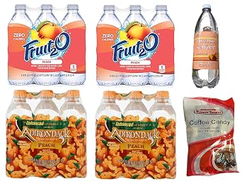 Fruit2O Zero Calorie Flavored Water Peach 16.9oz 12 bottles + Adirondack Enhanced Water Peach Fruit Flavored Beverage 16.9oz 12 bottles + Water Seltzer Peach Berry 1 Liter + Coffee Candy Market Basket 5oz