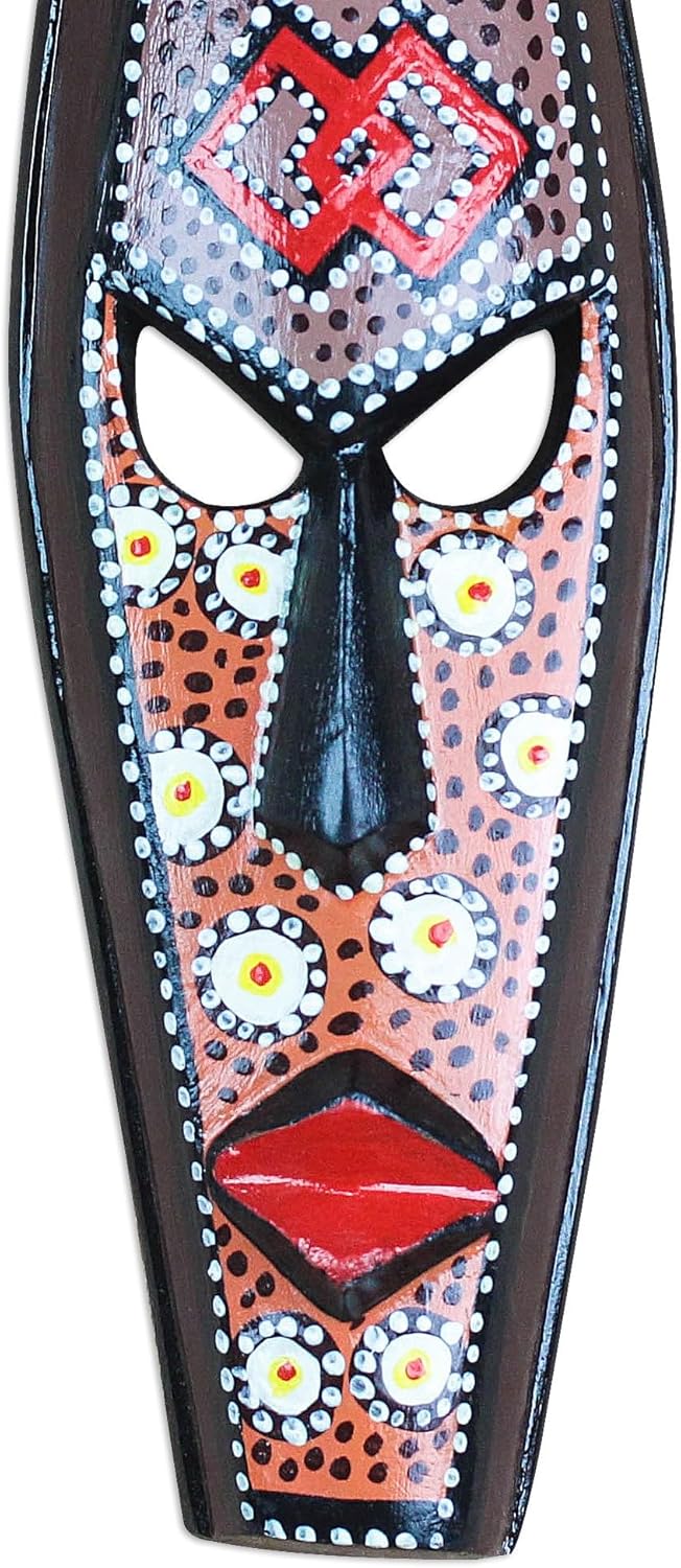 NOVICA Artisan Handmade African Wood Mask Painted from Ghana Multicolor Masks Ghanaian [11.75in H x 3.1in W x 1.4in D] ' Epa Face'