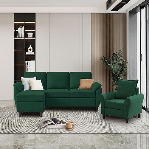 79" Convertible Sectional Sofa Set, Small L Shaped 3-Seat Couch with Reversible Chaise and Accent Chair, Modern Linen Sofas Couches for Living Room, Green