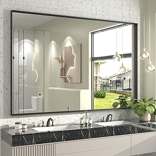 60x40 Inch Black Metal Framed Bathroom Mirror for Wall, Large Black Matt...