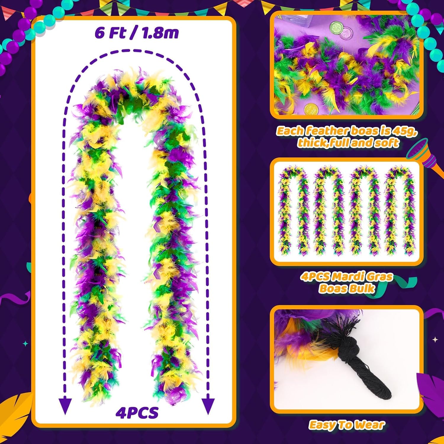 Jansun 4 PCS Mardi for Gras Feather Boa, Each 45 Gram 6 Feet Long Yellow Purple Green Boa Feathers Bulk Mardi for Gras Accessories for Women Men Costume Dress Up Mardi for Gras Party Decorations - Image 2