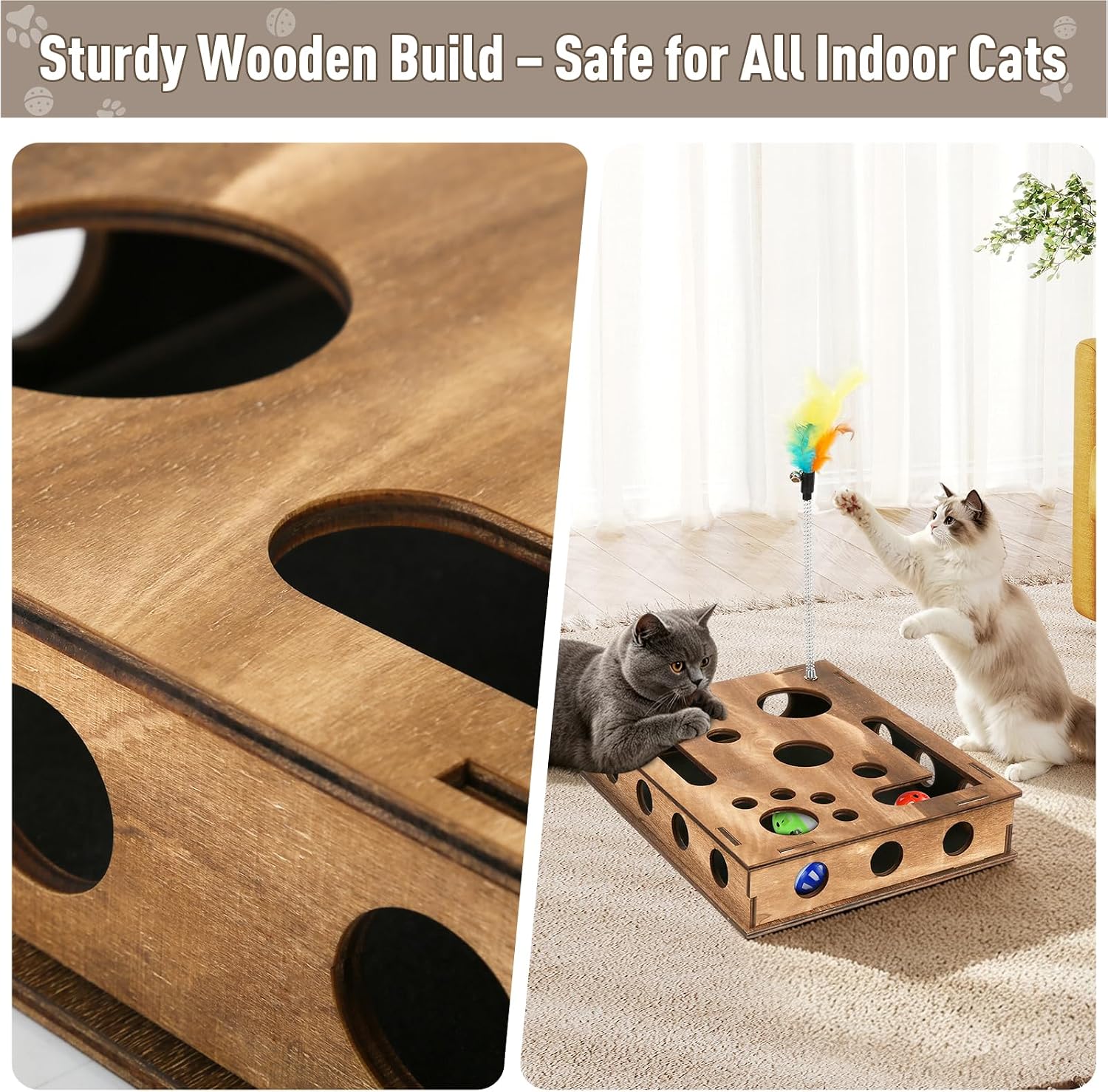 Zayeemi Cat Scratching Educational Box Wooden Interactive Toy Spring Feather Teasing Cat Wand Bell Ball for Indoor Cat Fun