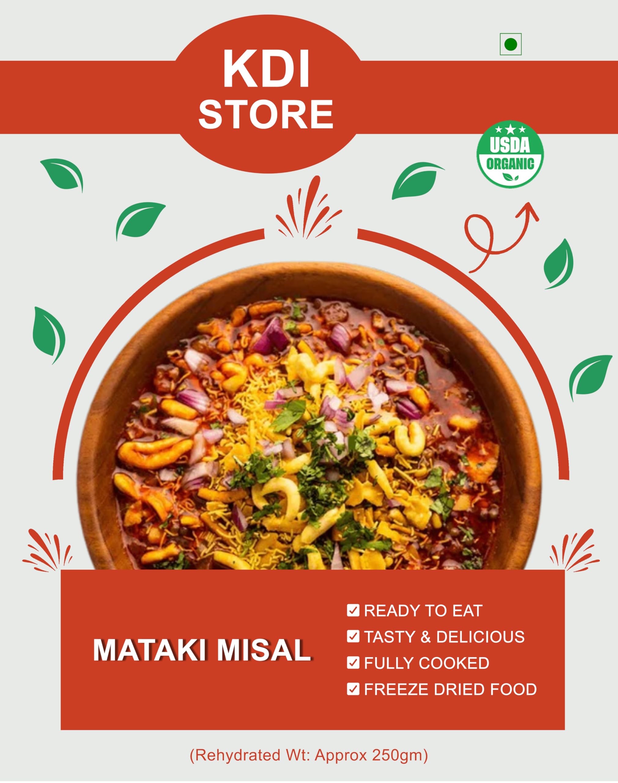 KDI Store Mataki Misal, Ready to Eat Indian Food, Spicy Maharashtrian Snack, USDA Organic, Fully Cooked, Freeze Dried, 80g