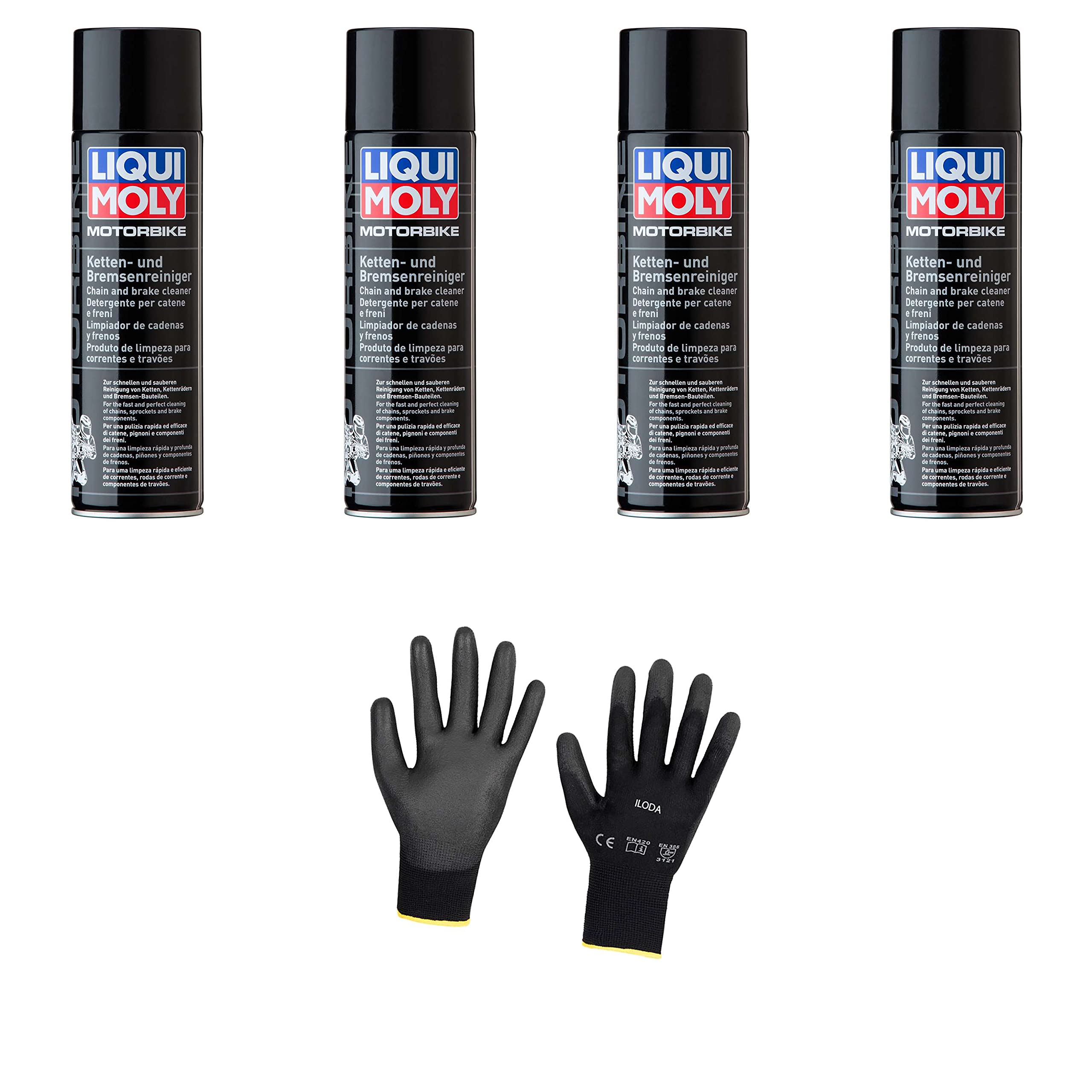 4xOriginal Liqui Moly 500ml Motorbike Ketten- und Bremsenreiniger Cleaner 1602 Schutzhandschuhe