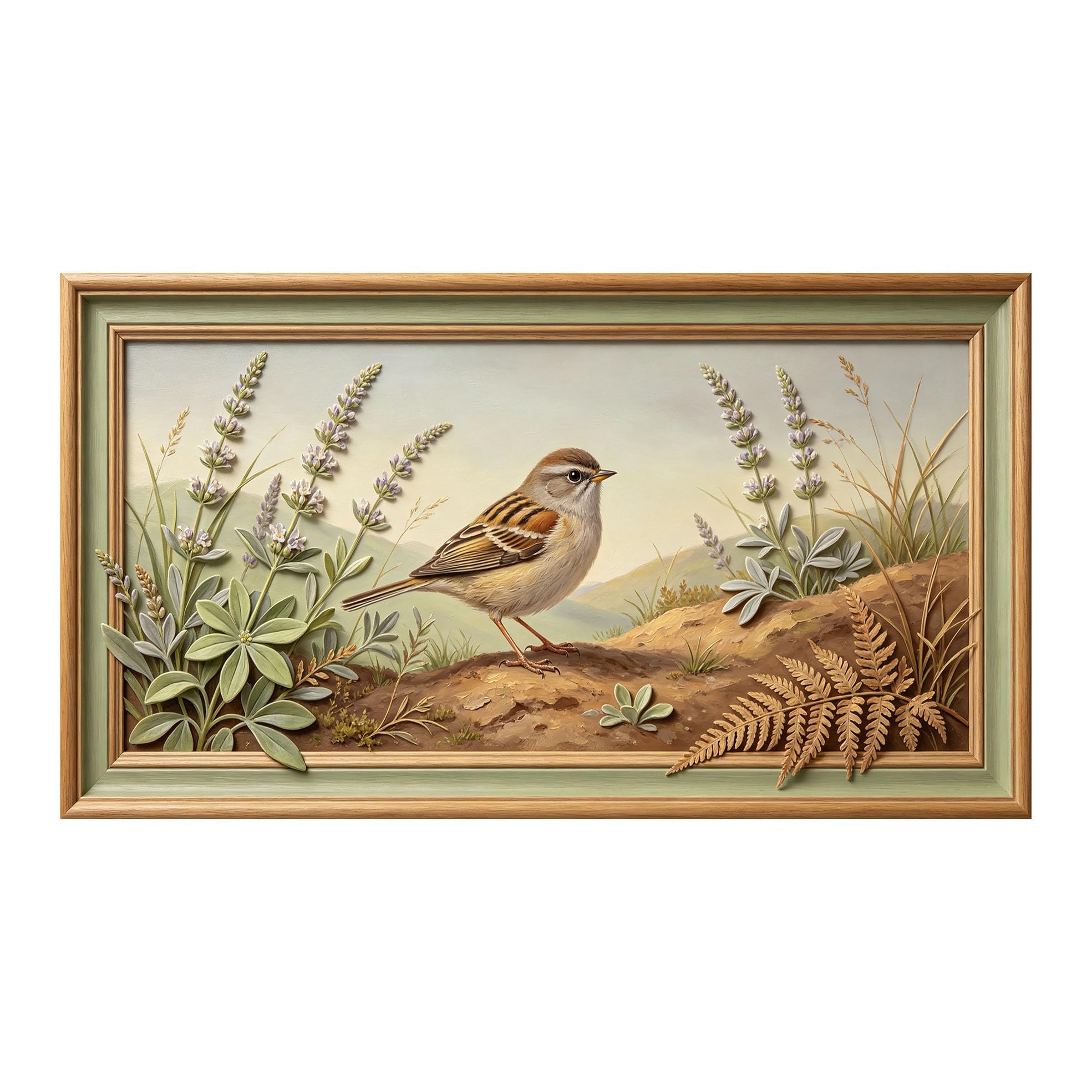 Murasolite 3D 3D Framed Wall Art 50cm×90cm Sparrow and Lavender Botanical Pastoral Oil Painting SelfAdhesive Fabric Mural Wall Decor, Peel and Stick No Damage to Wall for Bedroom Living Room