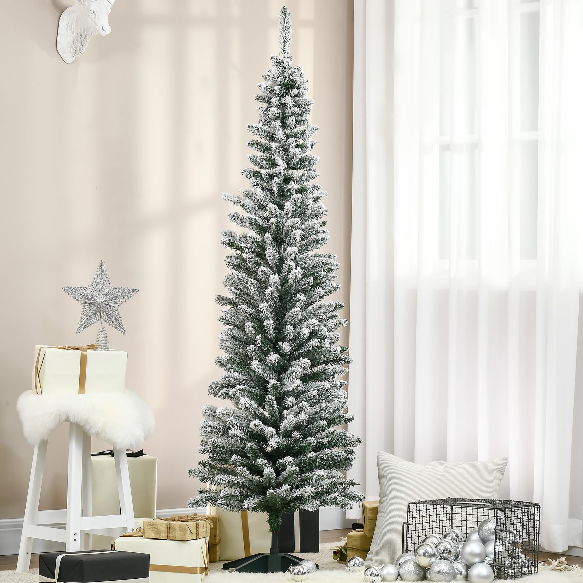 HOMCOM Künstlicher Weihnachtsbaum 180 cm mit Kunstschnee, 390 Spitzen | Tannenbaum Künstlich, Christbaum Weihnachtsdeko, Inkl. Metallständer, für Drinnen