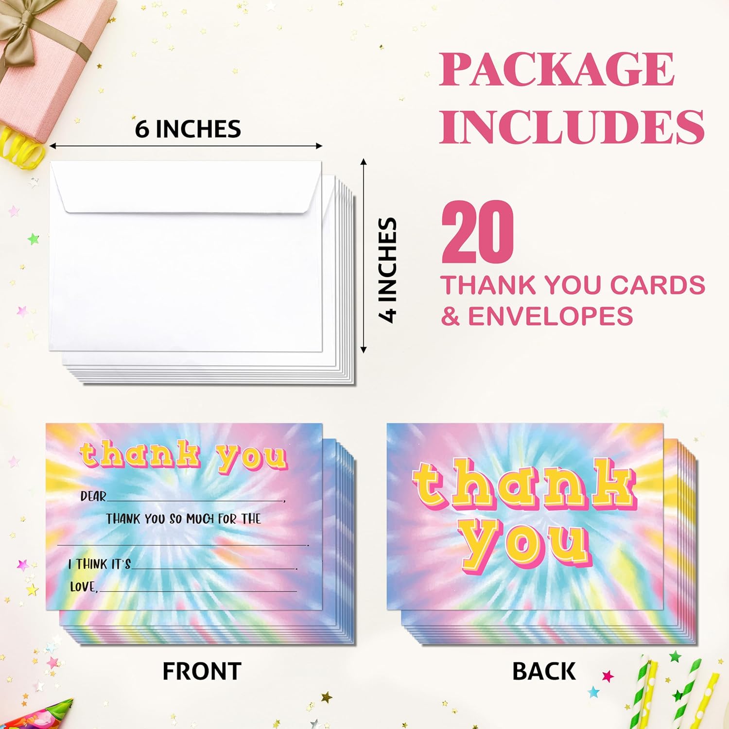 Tie Dye Kids Thank You Cards, Colorful Thank You Card For Baby Shower Birthday Party, Kids Birthday Cards Fill In The Blank, 20 Pack Cute Greeting Cards With Envelopes For Boys And Girls, 011 - Image 2