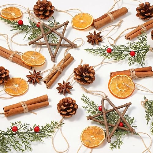 Miniatura 11 de Liliful 30 piezas de decoraciones para árbol de Navidad, rodajas naturales de naranja secas, conos de pino naturales, adornos rústicos, palitos de