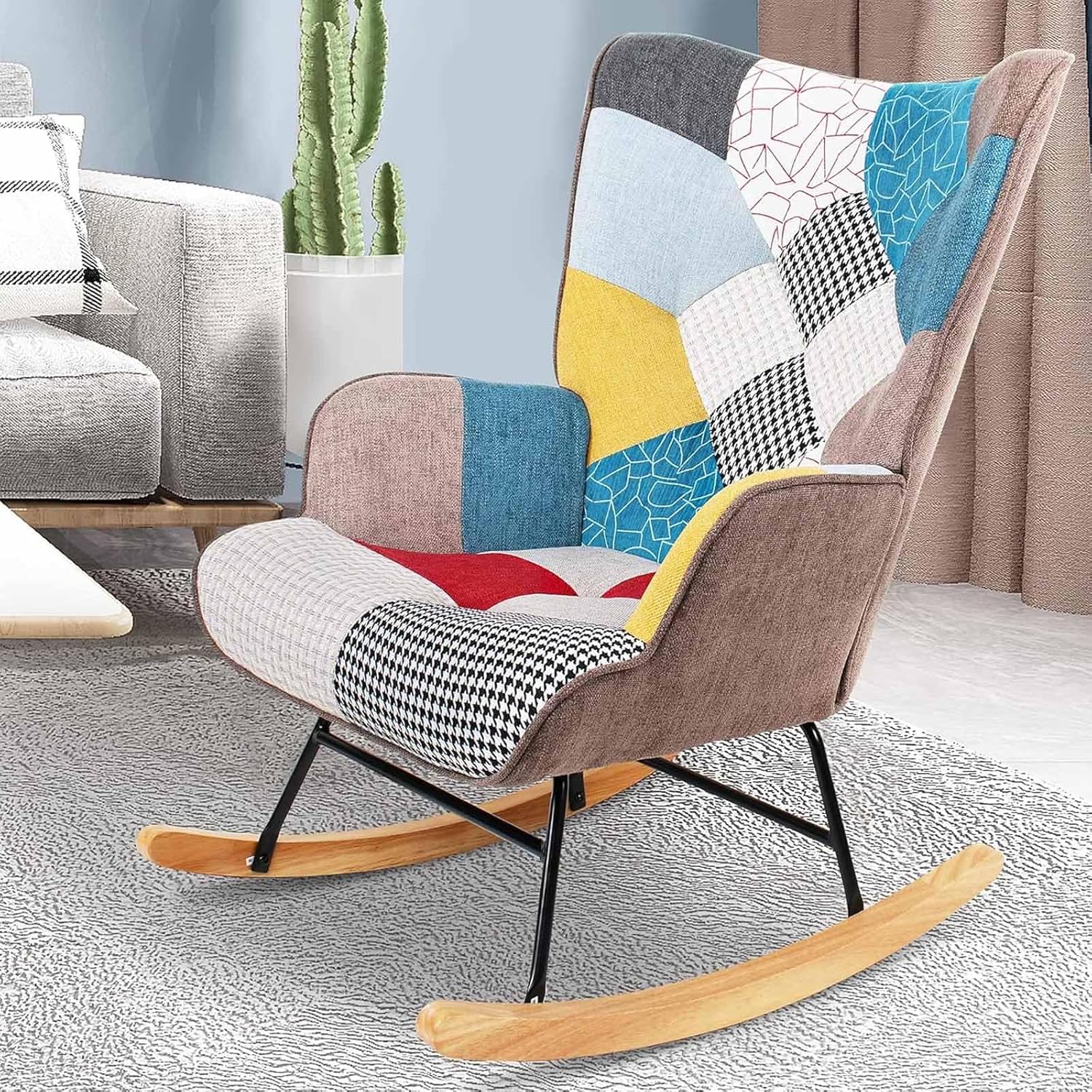 Nursery Rocking Chair, Mid Century Upholstered Rocker Glider Chair High Back Armchair with Wood Legs and Patchwork Linen for Livingroom Bedroom Lounge and Baby Room