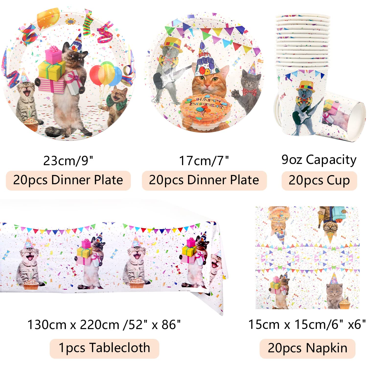 XJLANTTE 107 pezzi Forniture per feste di compleanno per gatti - Gattino MEOW Banner, piatti di carta per gatti, decorazioni per feste di gatti per bambine, per 20 ospiti, gatti rosa bianchi