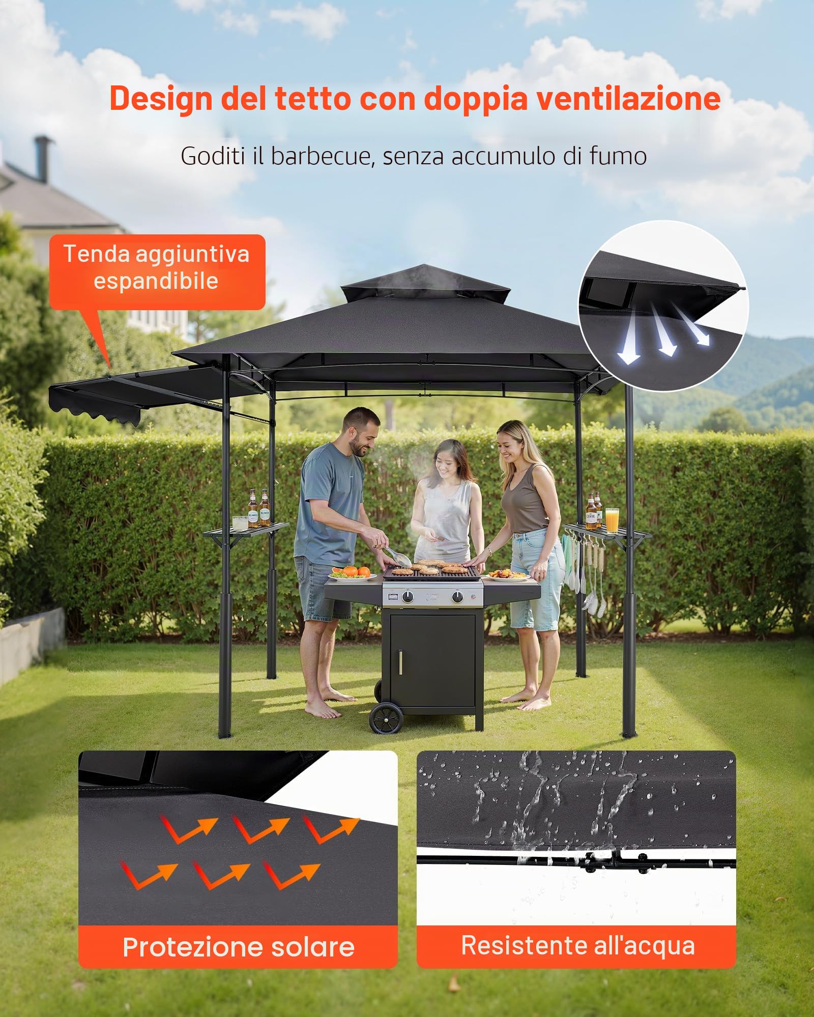 VEVOR Gazebo per Barbecue 243 x 150 cm, Gazebo per Barbecue da Esterno con Tetto Tettoia Parasole, Copertura per Barbecue da Giardino in Acciaio Verniciato a Polvere, per Grigliate, Feste, Picnic