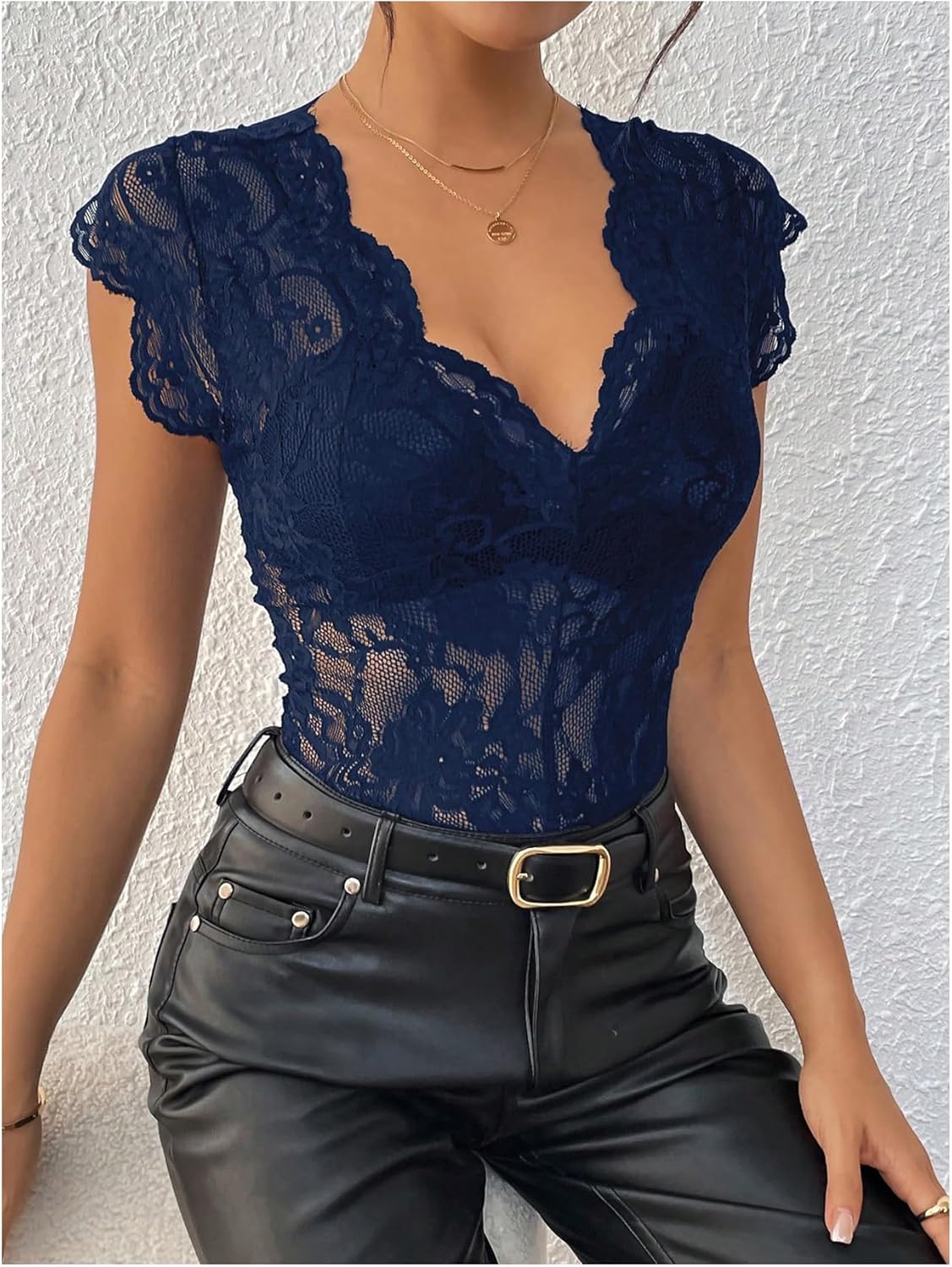 MakeMeChic Women's Lace Bodysuit Date Night Romper Deep V Neck Lace Tops Bodysuit - Image 2