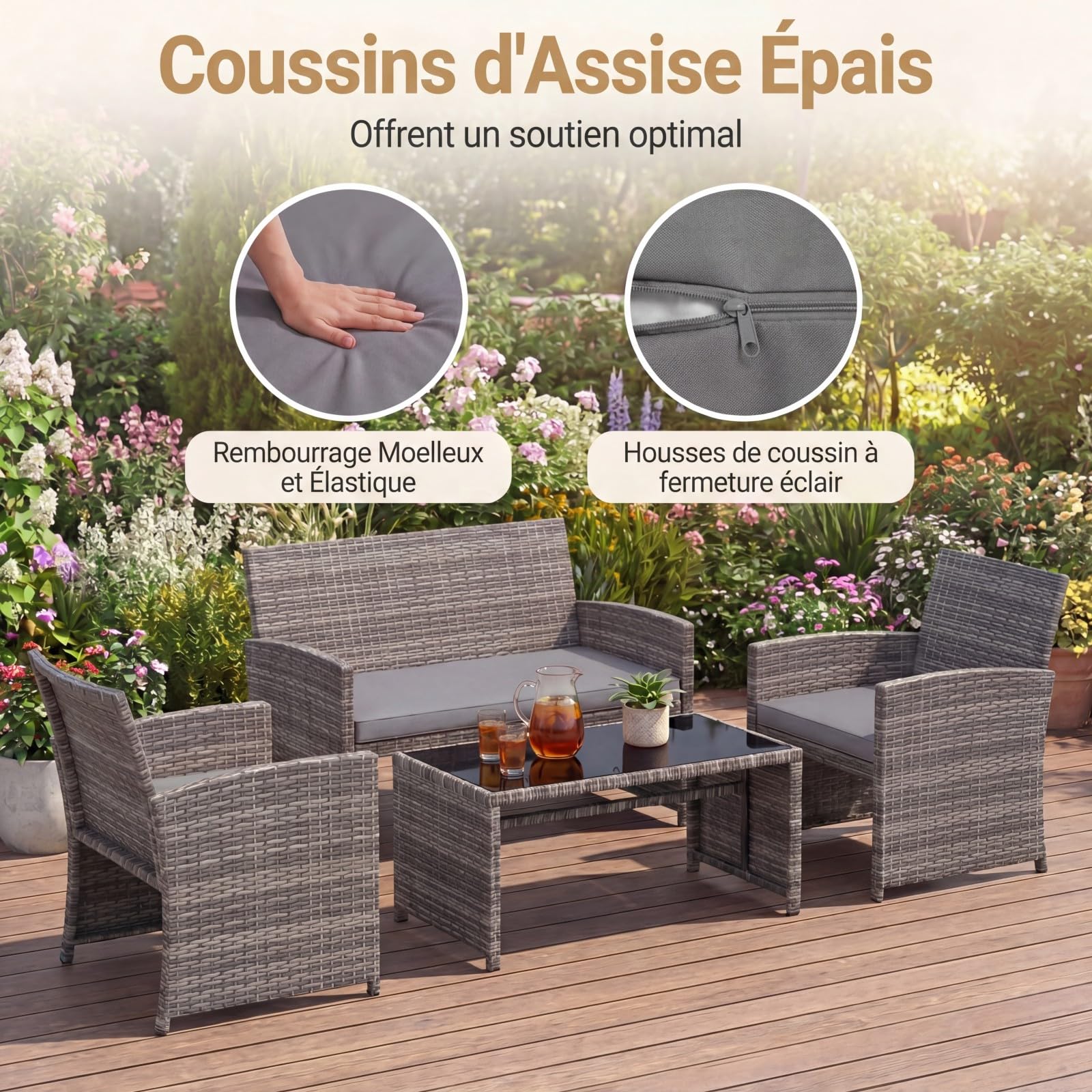 SOARS Salon de Jardin Exterieur en Rotin PE, 4 Personnes (Gris+Gris)