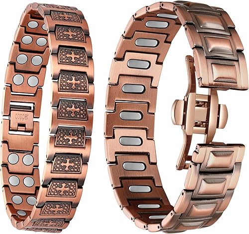 Feraco Pulsera de terapia magnética de cobre para hombres con 5 imanes de fuerza, 99.99% de cobre puro con 5000 imanes Gauss