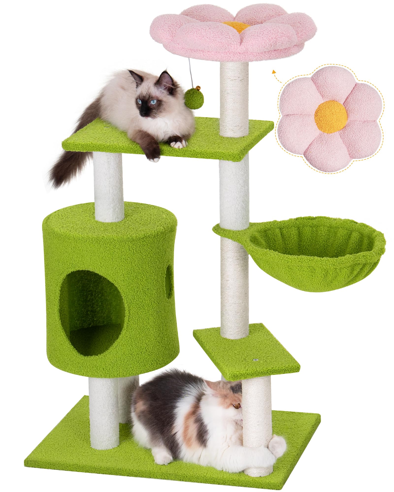 Aechonow Flower Cat Tree, 41.2'' Cat Tower with Scratching Post and Cat Condo, Cute Cat Tree Tower for Indoor Cats with Hammock, Pink Top Perch, Fluffy Ball and Bell for Small Medium Cats