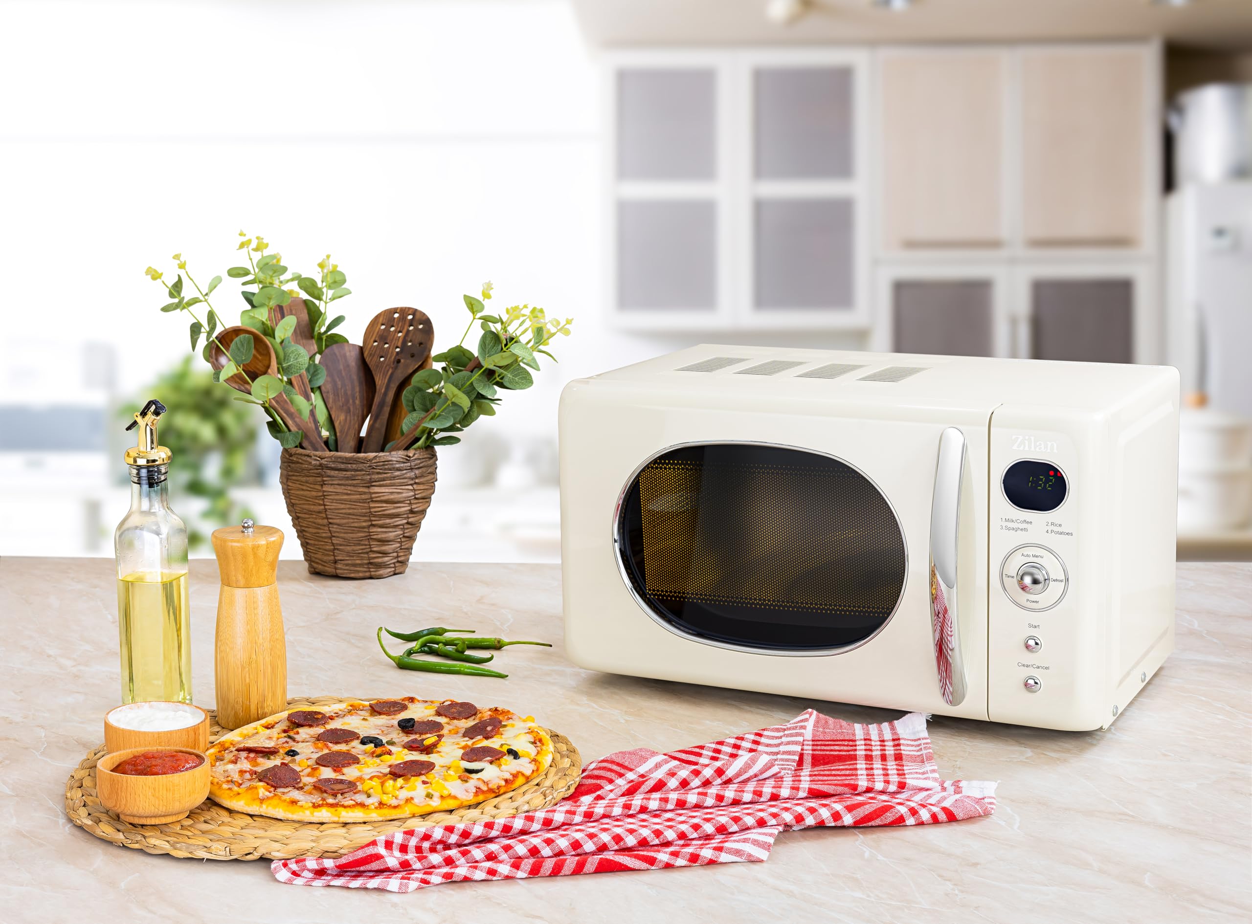 Microonde da 20 l, design retrò, vintage, 6 livelli, con funzione di scongelamento fino a 95 minuti, 4 programmi automatici, illuminazione interna, manico cromato Microwave