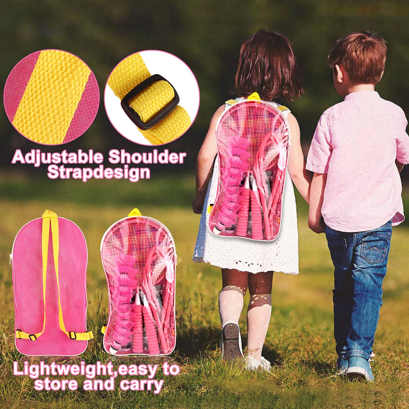 Set da badminton per bambini, resistente, set di racchette da badminton, per attività indoor e attività sportive all'aperto, inclusi 10 badminton e 2 racchette da badminton (rosa)