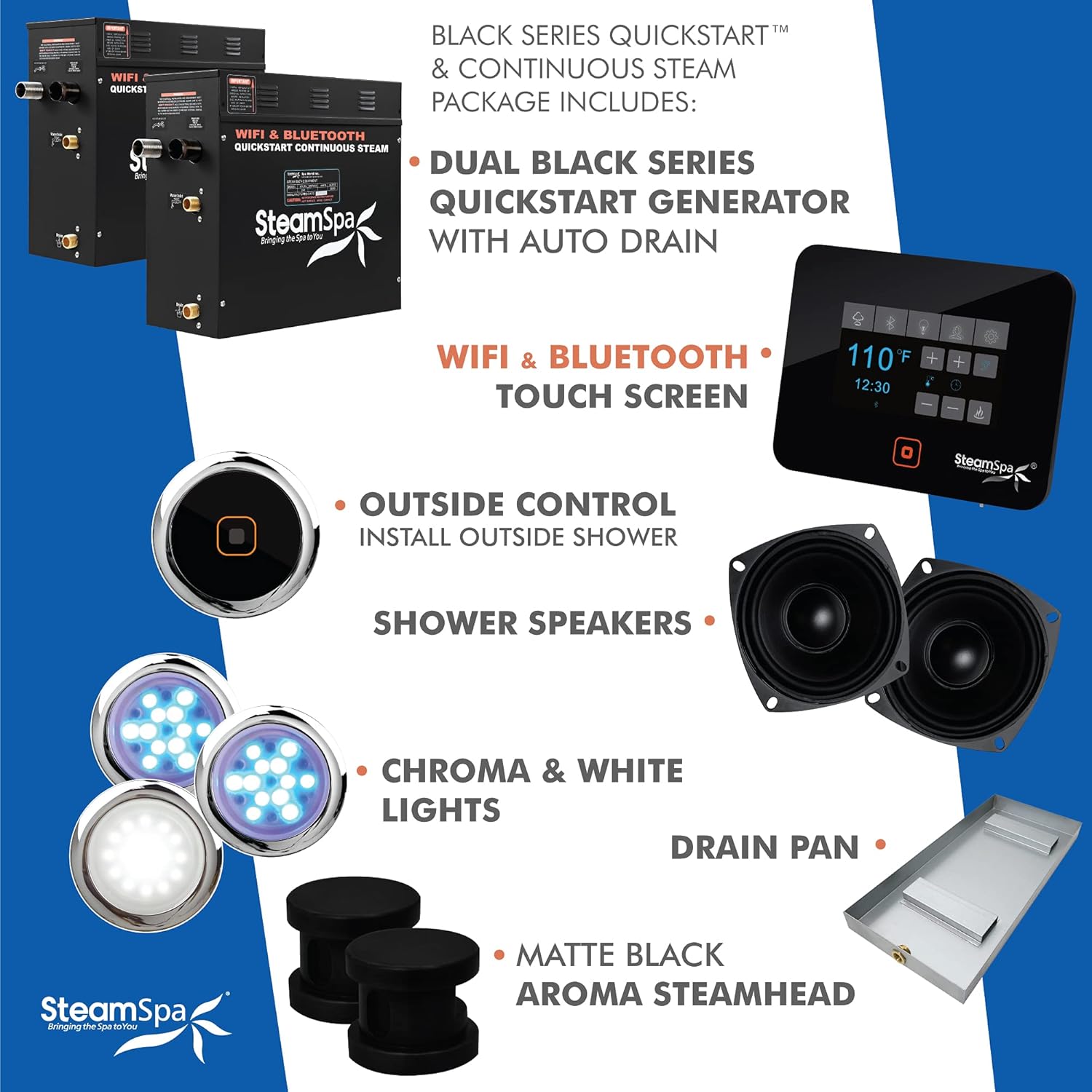 Generator with Quick Start Continuous Steam Technology, Wi-Fi, Bluetooth and Autodrain | 15kW Steam Generator with Black Steam Head with Aromatherapy Reservoir | RVB1500BK-A