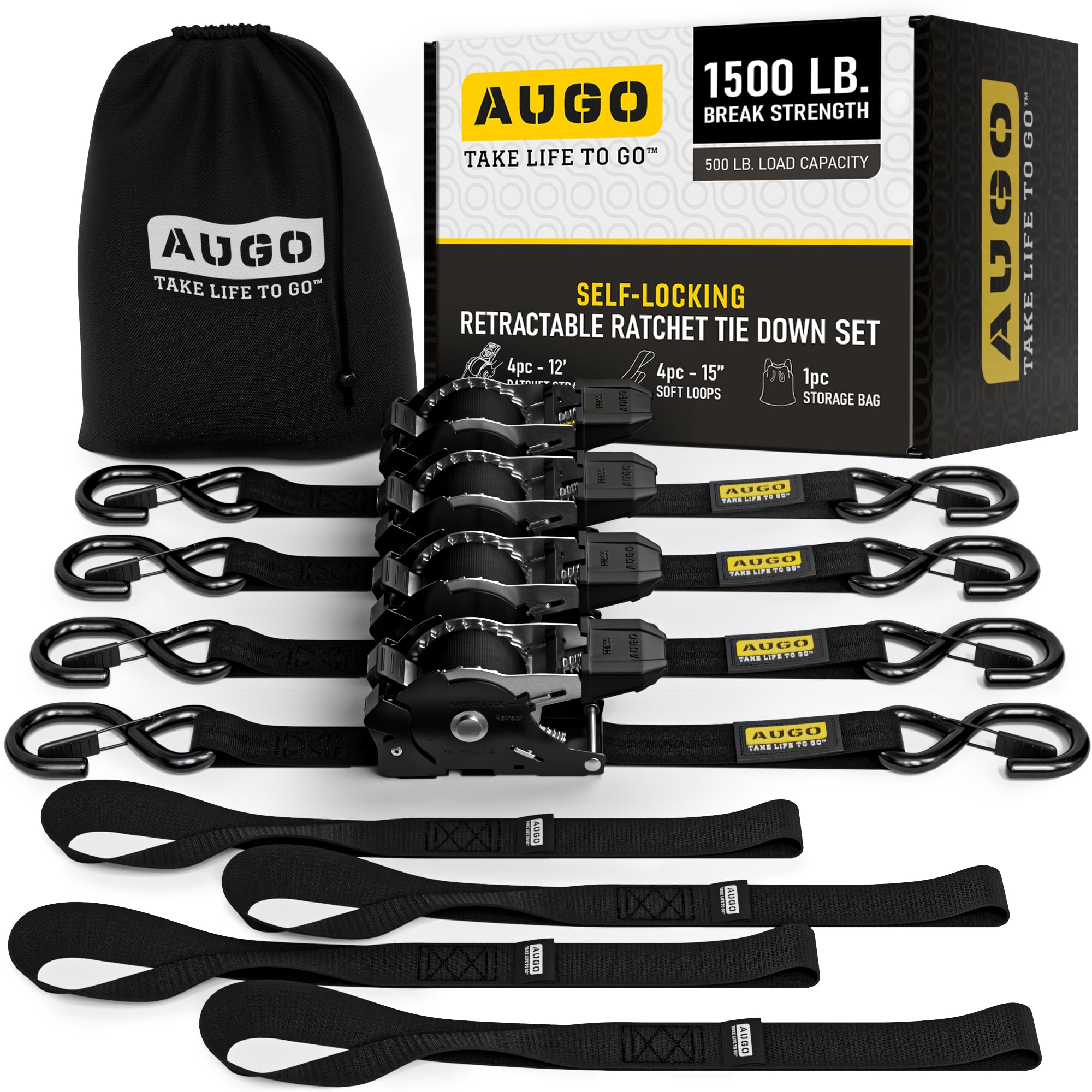 AUGO Ratchet Straps Heavy Duty 4 Pack -15 FT - 2200 LB Break Strength – with Safety Lock S Hooks - Cargo Straps for Moving, Appliances, Motorcycle – Soft Loop Tie Down Straps — view 10