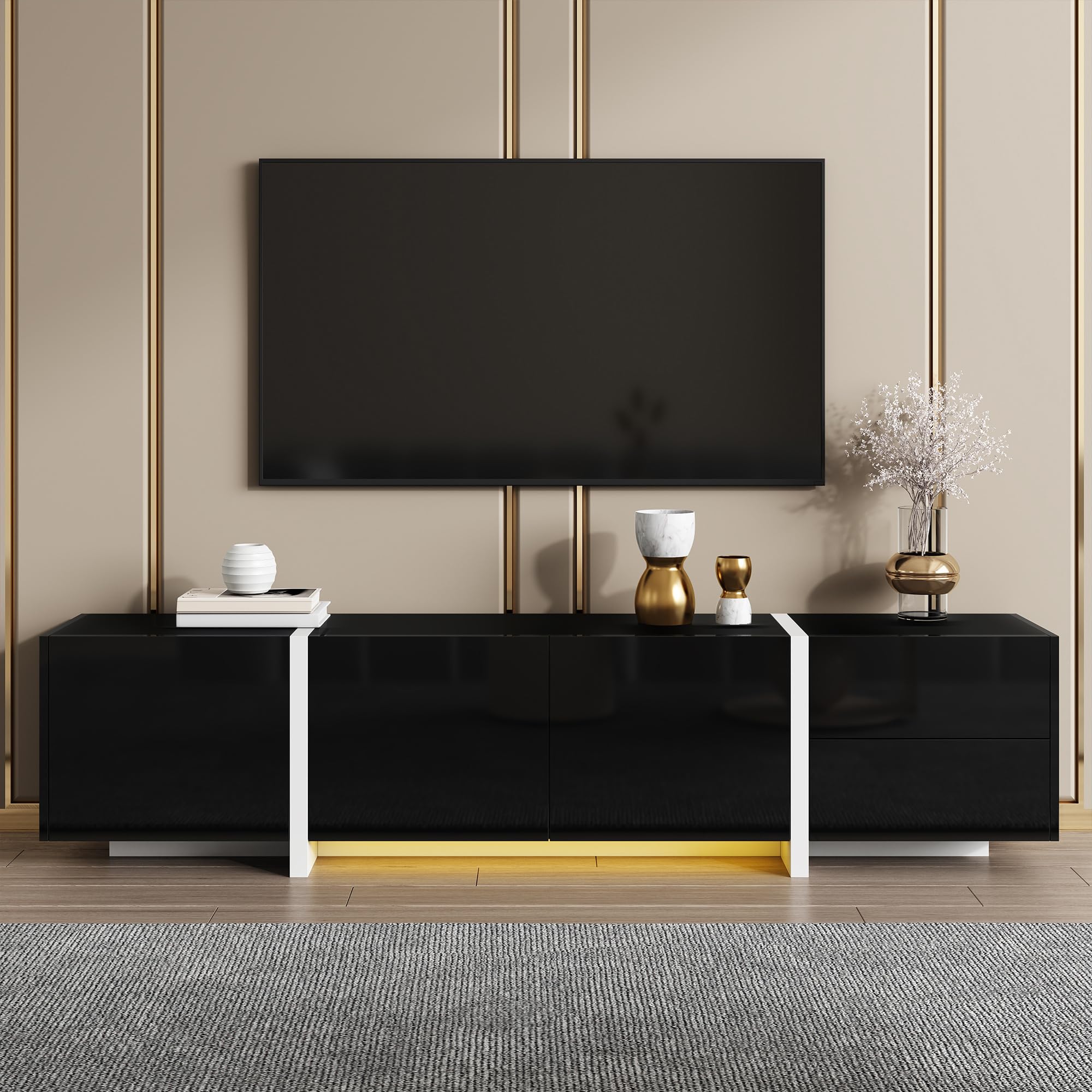 BTM TV Cabinet, Black High Gloss TV Stand with 4 Storage Cabinets and 1 Drawer, 170x29.5x40cm — image 1