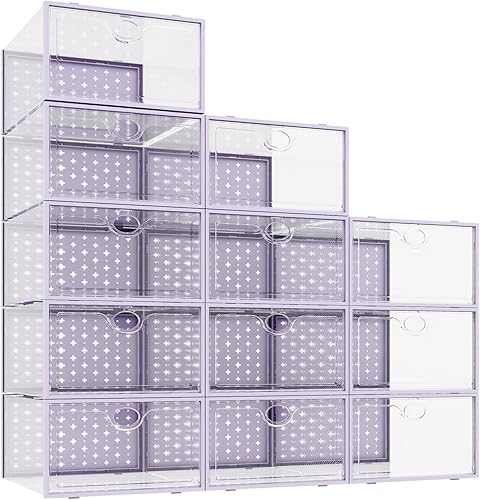 Pinkpum Paquete de 12 cajas de almacenamiento de zapatos, organizador de zapatos para armario, de plástico transparente, apilable, para exhibición