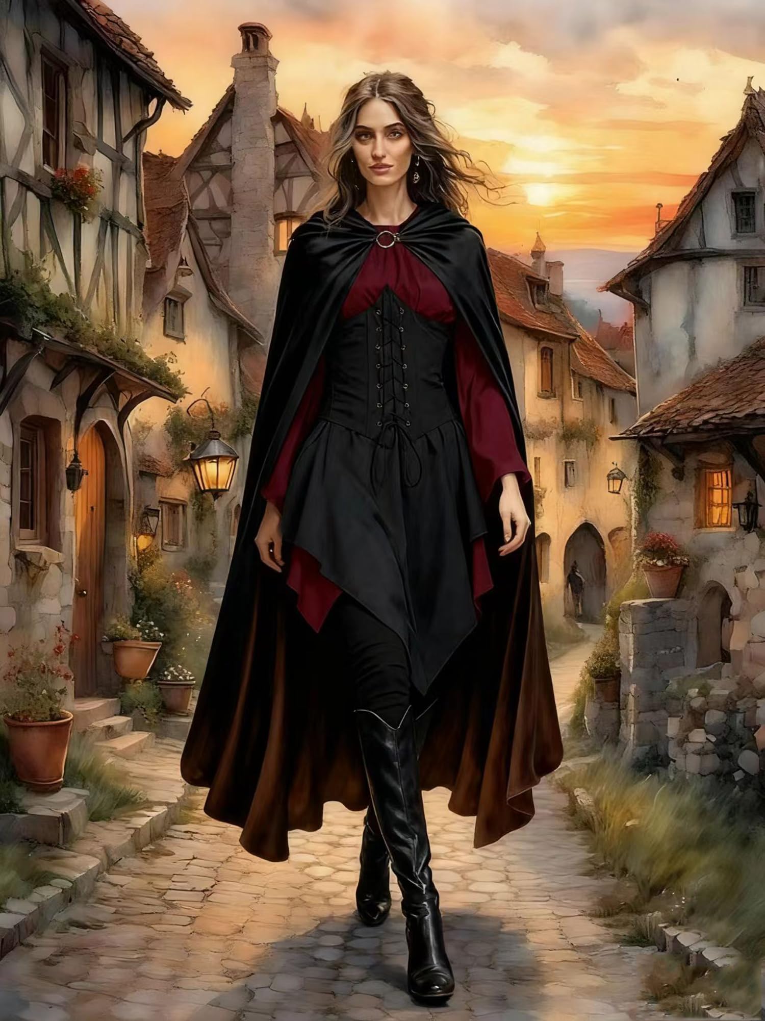 RongXuan Halloween Costume Renaissance Cape with Hood Costume Velvet Coat for Men Women Victorian Steampunk Medieval Cosplay Cape (Black - Image 3