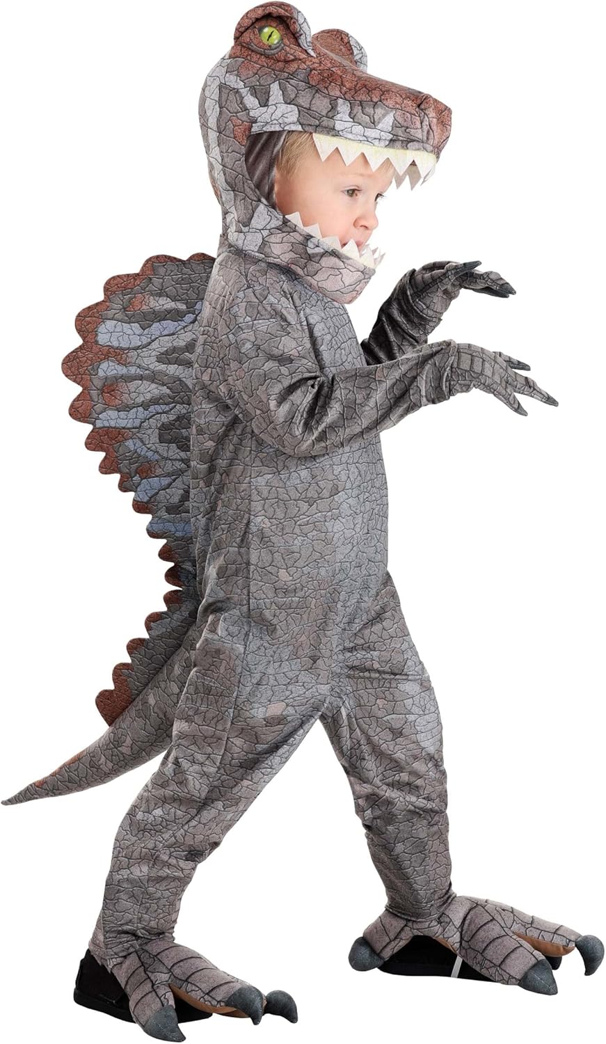 Dinosaur Toddler Spinosaurus Costume - Gray Jurassic Dino Halloween Outfit w/Jumpsuit, Mitts, Hood, & Shoe Covers