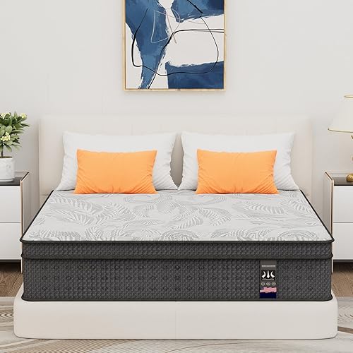 Colchón tamaño King, de 14 pulgadas, colchón híbrido en una caja, resortes de bolsillo individuales con espuma viscoelástica, firmeza media, alivio