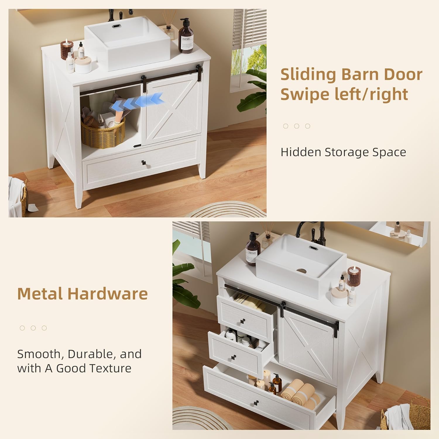 VNN Bathroom Vanity with Sink - 36 Inch Bathroom Vanity with Sink Ceramic, Freestanding Cabinet with Farmhouse Sliding Barn Door and 3 Drawers, Space-Saving Storage Cabinet, Wood Grain Texture, White