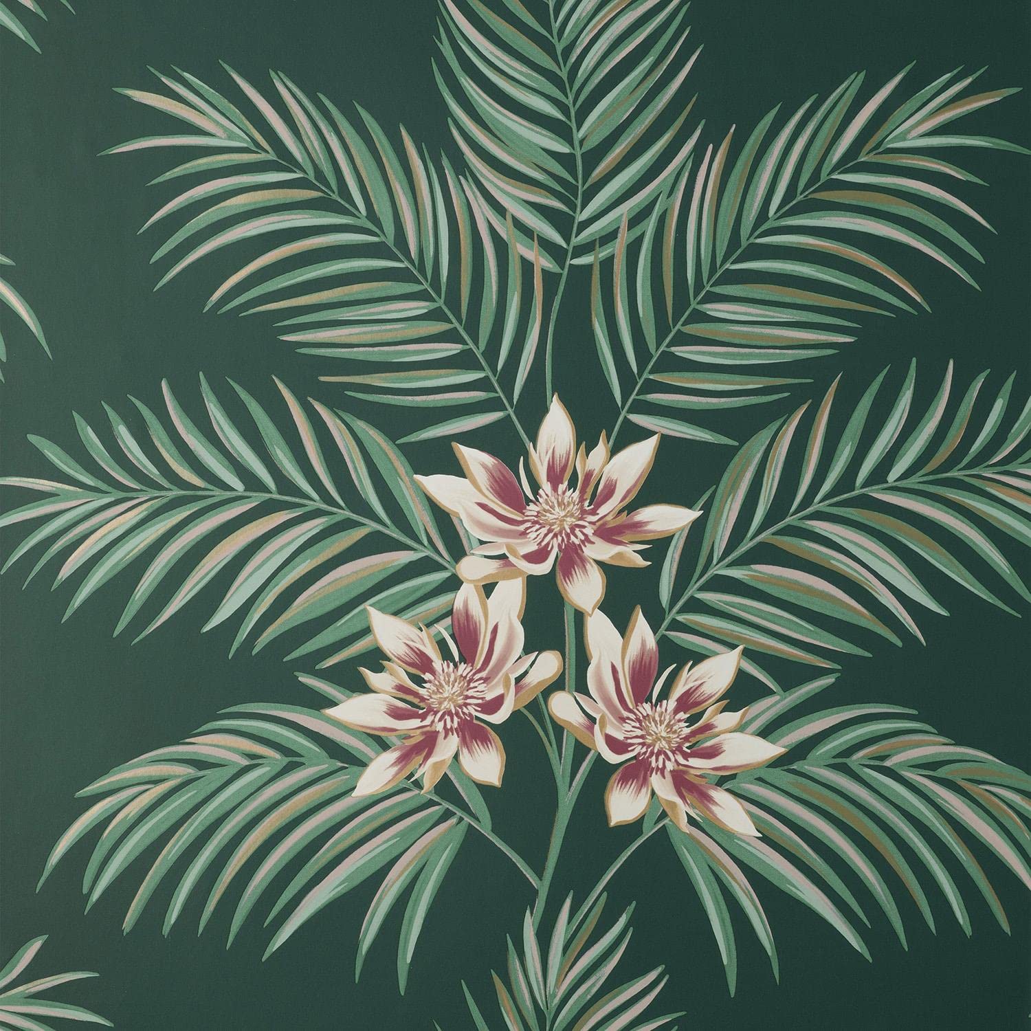 Yöl Dark Green Bali Floral Leaves Wallpaper Botanical Flowers Modern Contemporary Palm Tropical Metallic Gold