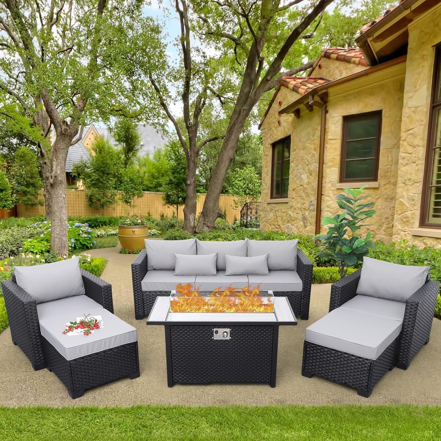 Patio Furniture Set, 7-Piece Outdoor Sectional with Gas Fire Pit Table, All-Weather Wicker Patio Conversation Sets for Backyard-Light Grey