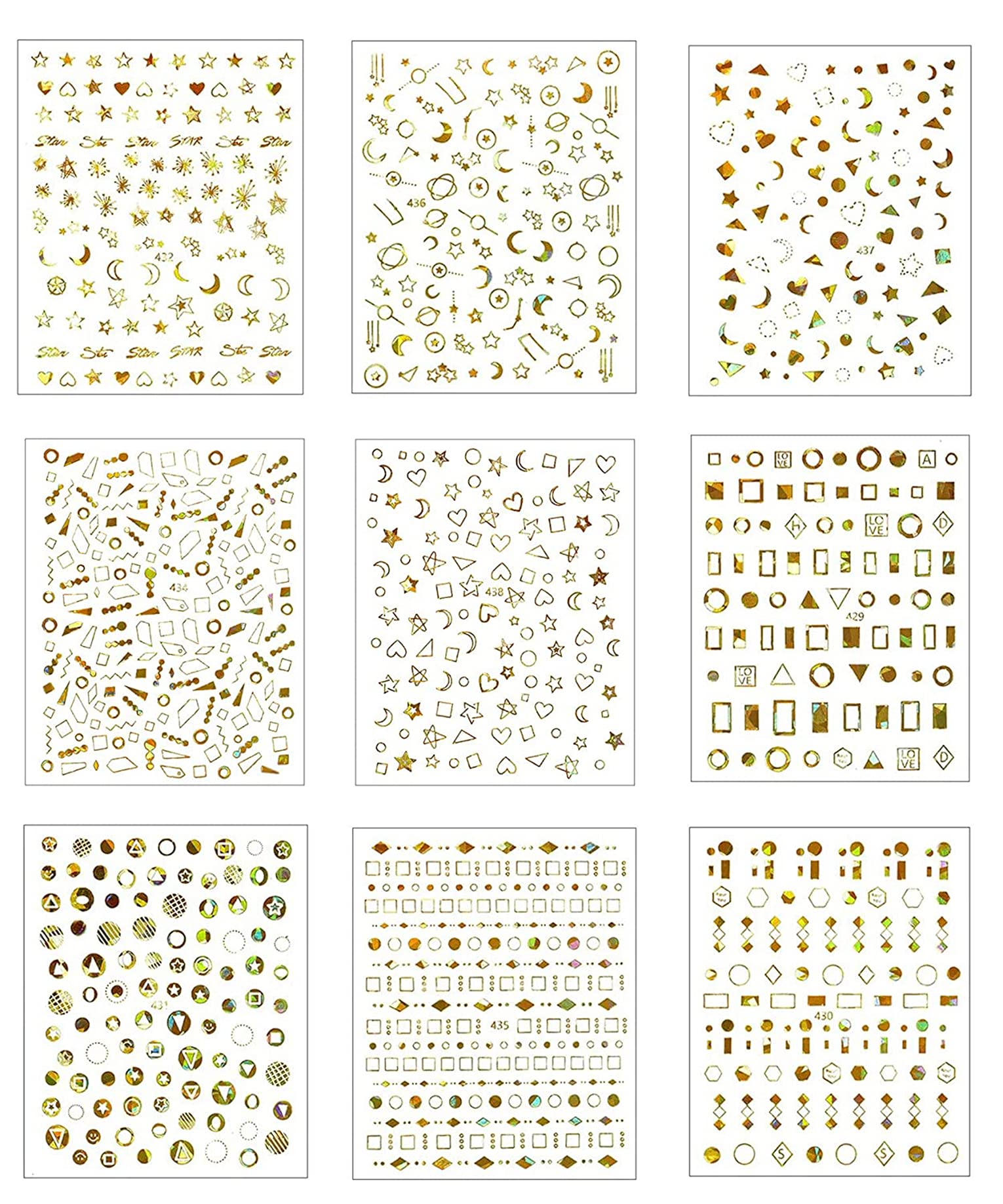 ELECDONSelf-Adhesive Nail Stickers for Women, 3D Laser Metallic Star Moon Line Geometry Nail Art Sticker Decals Manicure Nail Tip Decoration Stickers DIY Sparkle Nail Art Design, 9 Sheets