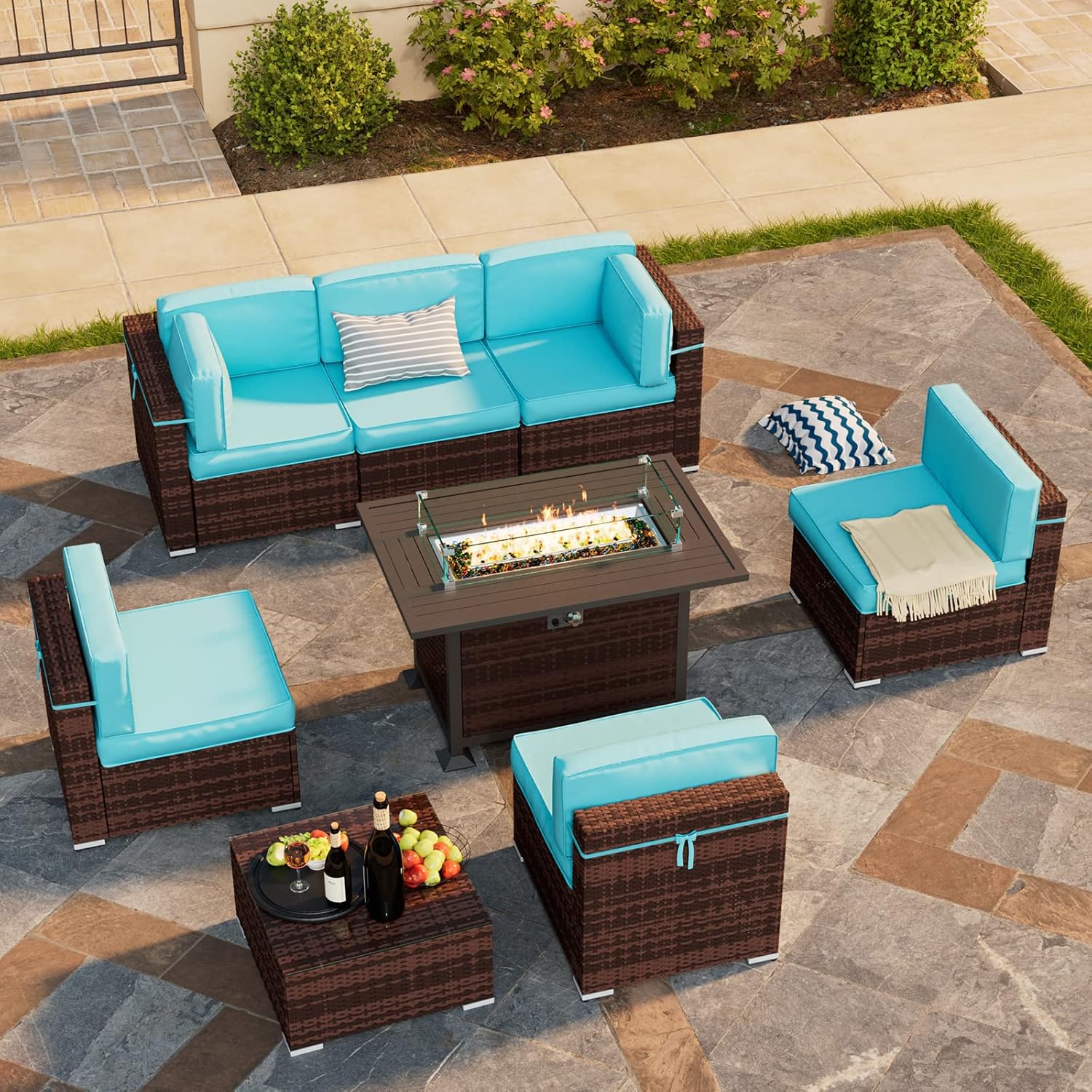 Amopatio 8 Pieces Patio Furniture Set Outdoor with Gas Fire
