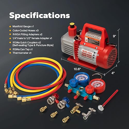 Miniatura 13 de VIVOHOME Bomba de vacío de aire acondicionado de una sola etapa, 110V, 1/3 HP, 4CFM y kit de manómetro de AC con detector de fugas, para R134a R12