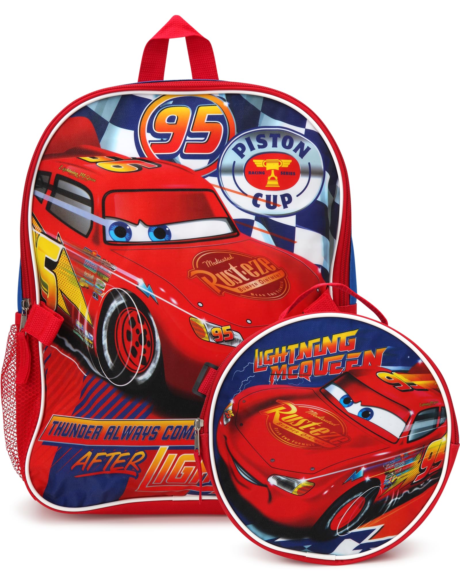 Fast Forward Lightning McQueen Boys Backpack and Lunch Box Set - 2 Piece 15 Inch School Backpack With Detachable Lunch Bag, Lightning McQueen Blue/Red