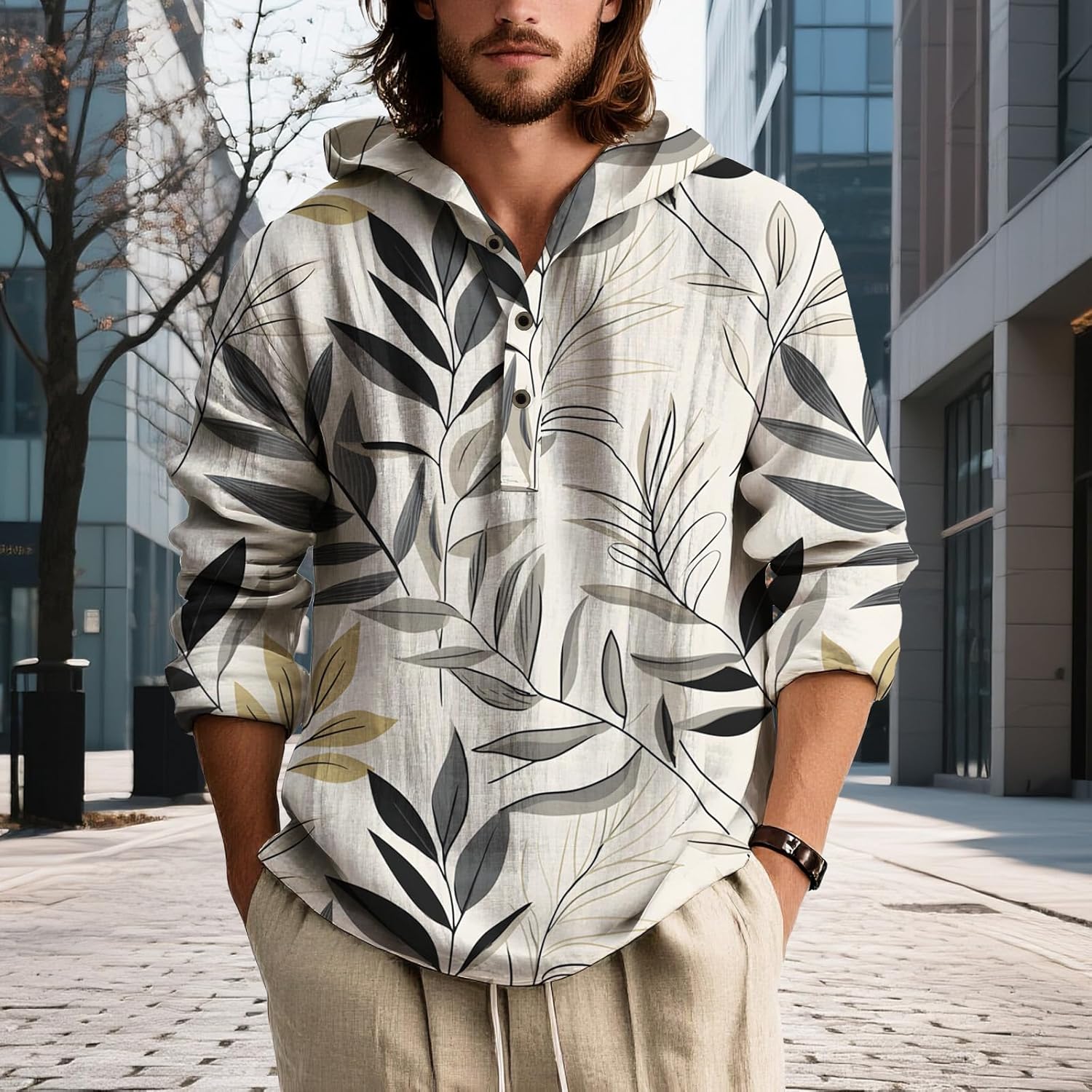 Mens Hooded Floral Button Down Shirt Long Sleeve Lightweight Relaxed Fit Nature Inspired Top for Spring - Image 2