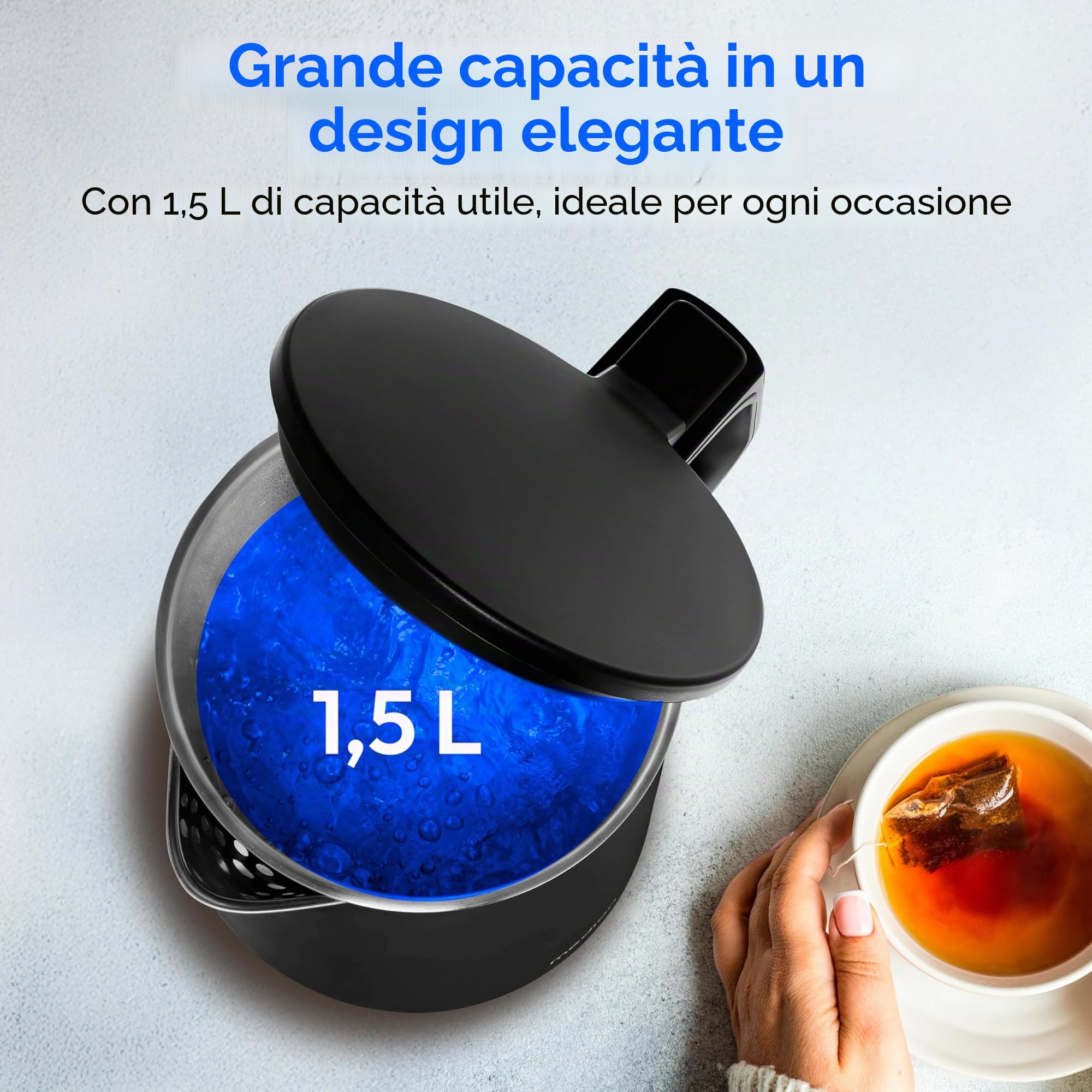 MEDION Bollitore in acciaio inox (1,5 L, 2.200 W, base a 360°, funzione mantenimento, LED, doppia parete, MD12105) nero