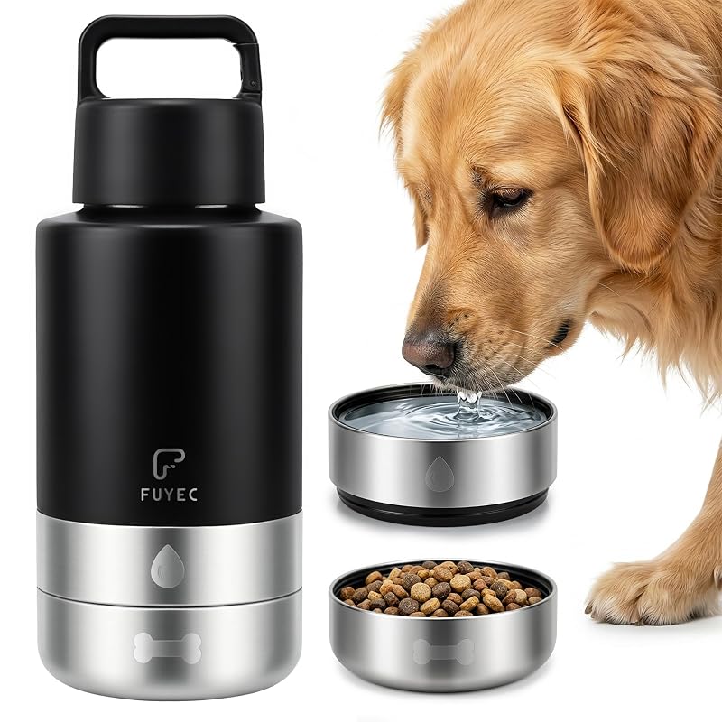 Garrafa de Água para Cães FUYEC em Aço Inoxidável com 2 Tigelas, 960 mL, Black