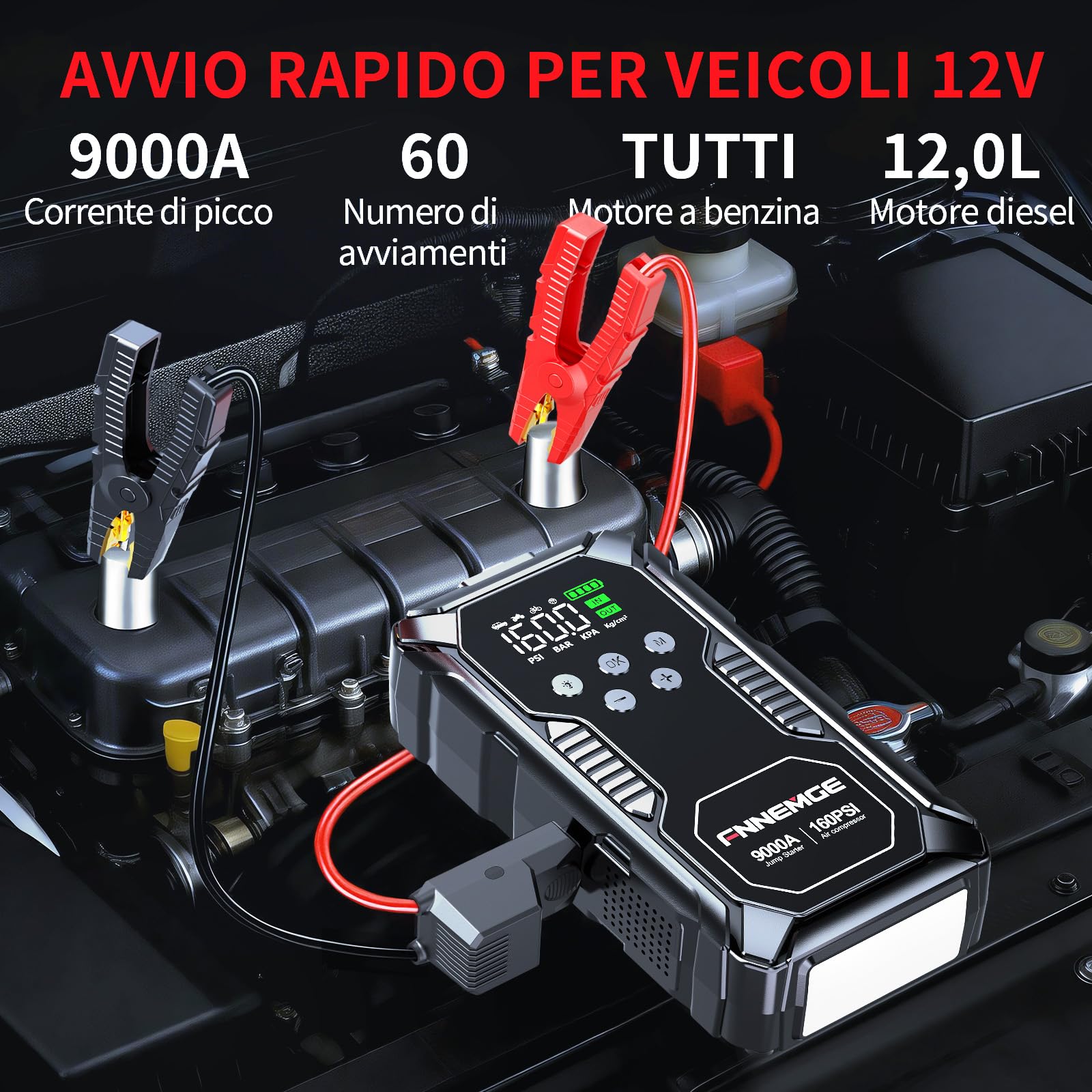 FNNEMGE Avviatore Batteria Auto, 9000A & 26800mAh & 160PSI Avviatore Emergenza per Auto con Compressore Aria (Tutti i Veicoli a Benzina o 12,0L Diesel), Avviatore di Emergenza, con di HD LCD Display.