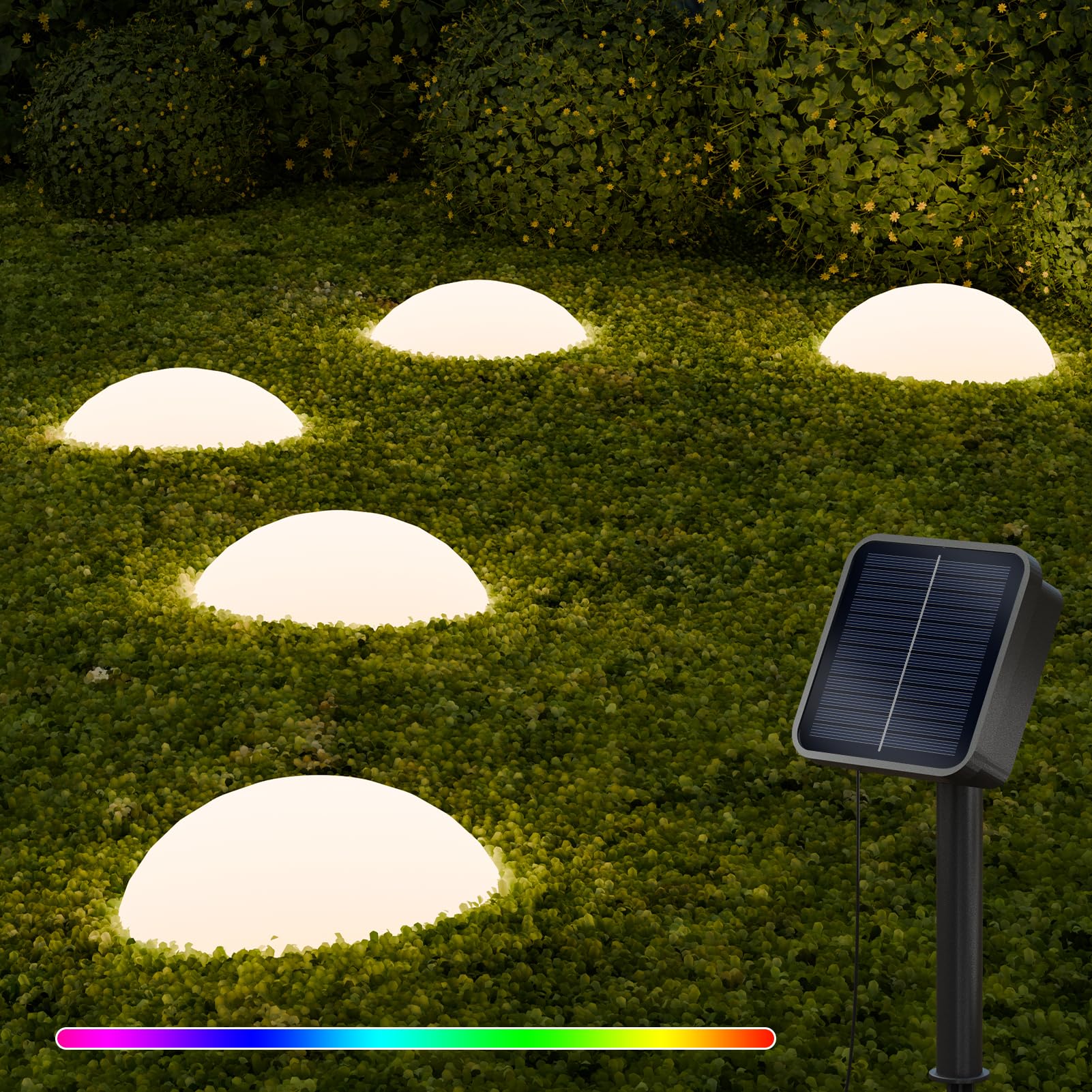 NiceBuy Lámparas solares para jardín exterior, bola ovalada, blanco cálido, RGB, 7 luces LED que cambian de color, luces solares de jardín para decoración de suelo exterior, 15 cm, 5 unidades