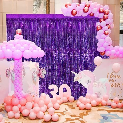Miniatura 4 de Cortinas de flecos de papel de oropel metálico morado, paquete de 2 cortinas de fondo de 3.3 x 8.3 pies para decoraciones de fiesta de cumpleaños,